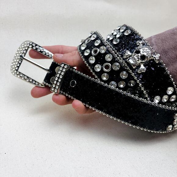 y2k punk skull black and silver rhinestone belt - Picture 1 of 7